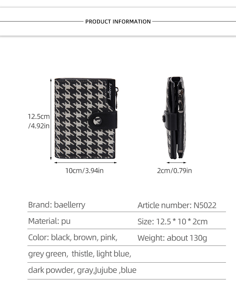 Baellerry Ny Pung Dame Kort Koreansk Stil Houndstooth Kontrast Multi-kort Lynlås Møntpung Korttaske_voghion.com