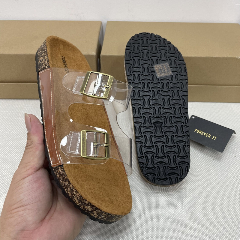 Damenschuhe, offene Zehenpartie, flache Hausschuhe, dicke Sohlen, doppelte Gürtelschnalle, bequeme große Damenschuhe_voghion.com