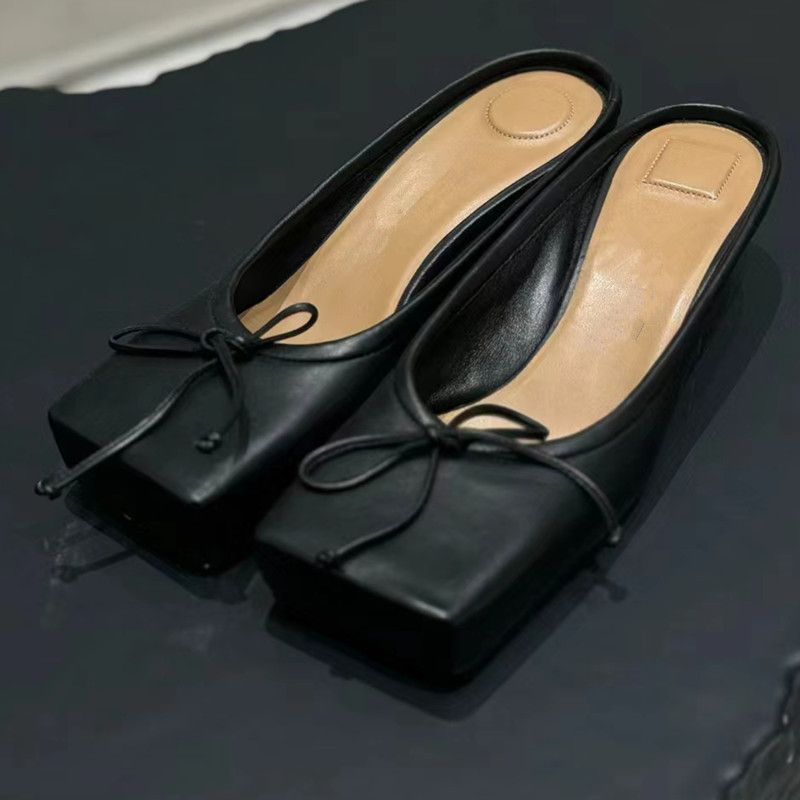 Scarpe con tacco a spillo e testa quadrata alla moda da donna, primavera ed estate, design unico e pigro, con fiocco e bocca bassa_voghion.com