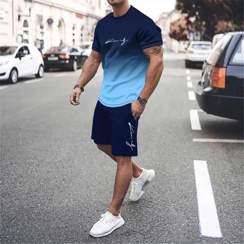 2026 Hot Sale Suit Fashion Short-sleeved T-shirt Pants Loose Men's 3D Digital Printing Gradual Change Of Color_voghion.com