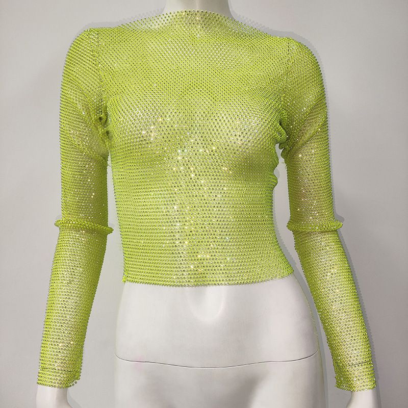 Maglietta da pesca con strass, a maniche lunghe, girocollo, leggera e di lusso, da donna, con look scintillante, alla moda e di tendenza._voghion.com