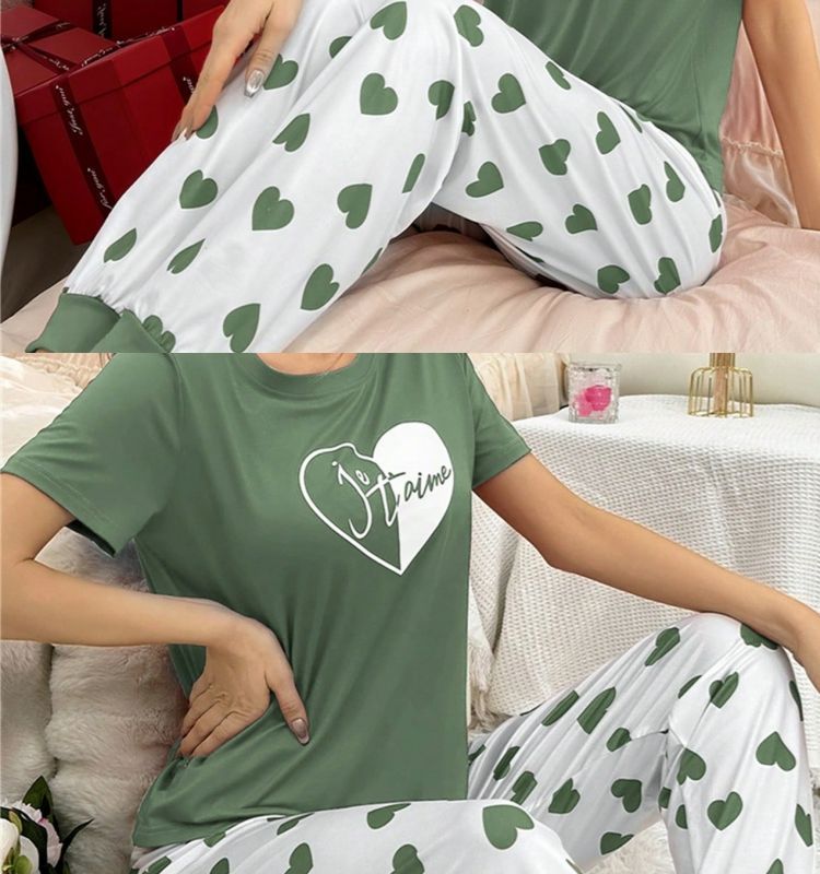 Conjunto de pijama de talla grande para mujer, ropa de estar por casa, estampado en forma de corazón, conjunto de pantalón y camiseta de manga corta, ajustado, informal y cómodo._voghion.com