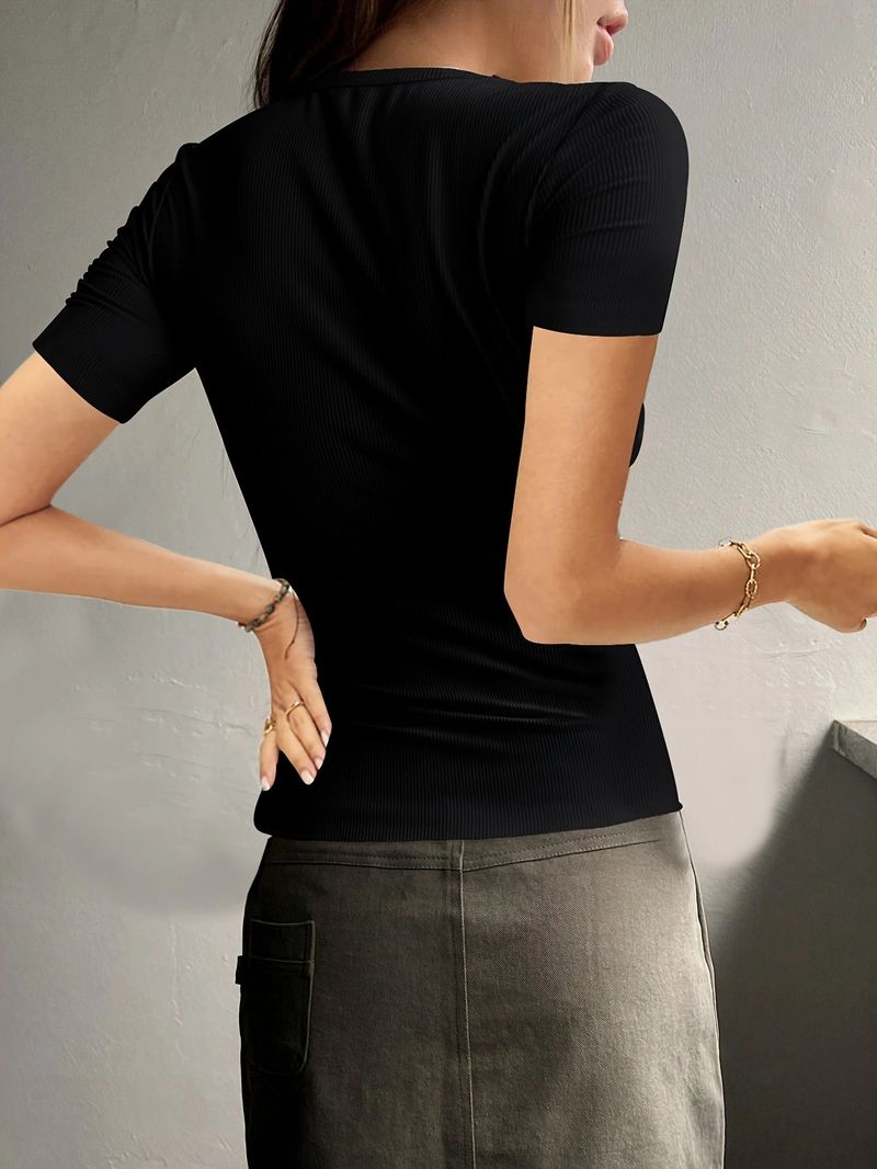 Women's Clothing New Short Sleeved Button Ribbed Slim Knitted Fir_voghion.com