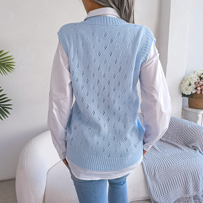 Damenbekleidung Ins Style Real Shot Herbst und Winter lässig hohle Strickweste mit V-Ausschnitt Pullover Damenbekleidung_voghion.com