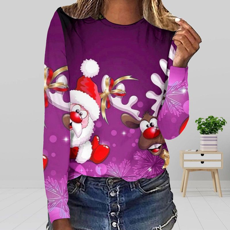 2022 Spring New Women's Digital T-Shirt Loose Pullover Round Neck Christmas Print Long Sleeve Top_voghion.com