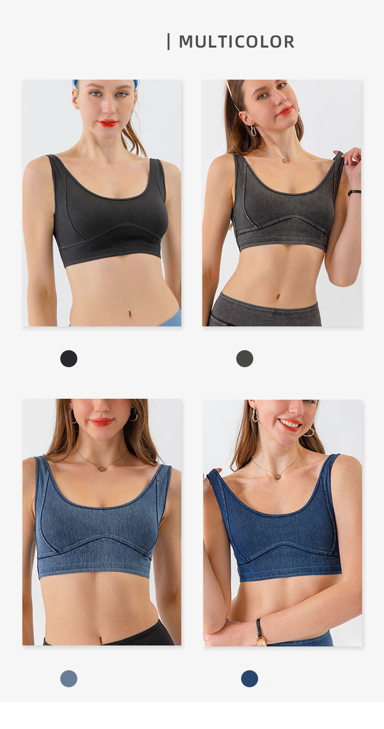 Reggiseno fitness push-up antiurto ad alta resistenza elastico aderente da donna in denim per yoga_voghion.com