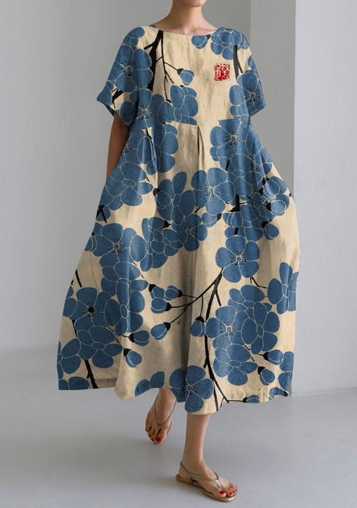 Damenbekleidung Lockeres Rundhals-Mode-High-End-Kurzarm-Printkleid_voghion.com