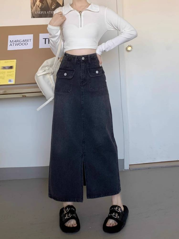 Vintage split denim rok dames nieuwe hoge taille grote maten skinny A-lijn wikkel billen lange rok zwarte rok_voghion.com