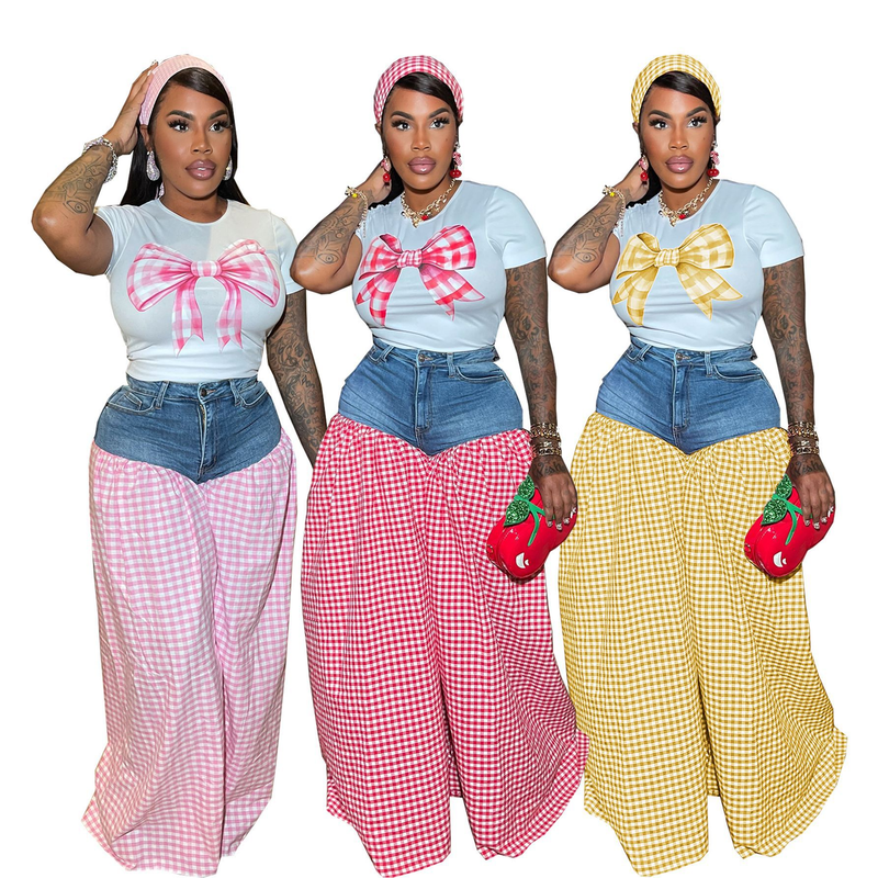 Ropa de mujer, camiseta ajustada estampada con costuras a cuadros, cintura alta, pantalones holgados informales de pierna ancha, conjunto de dos piezas_voghion.com