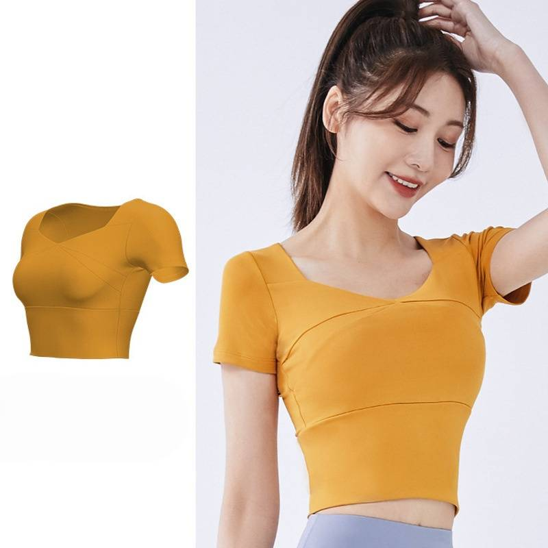 Haut de yoga court avec bande élastique et coussinet de poitrine, compressif, doux comme du beurre, manches courtes_voghion.com