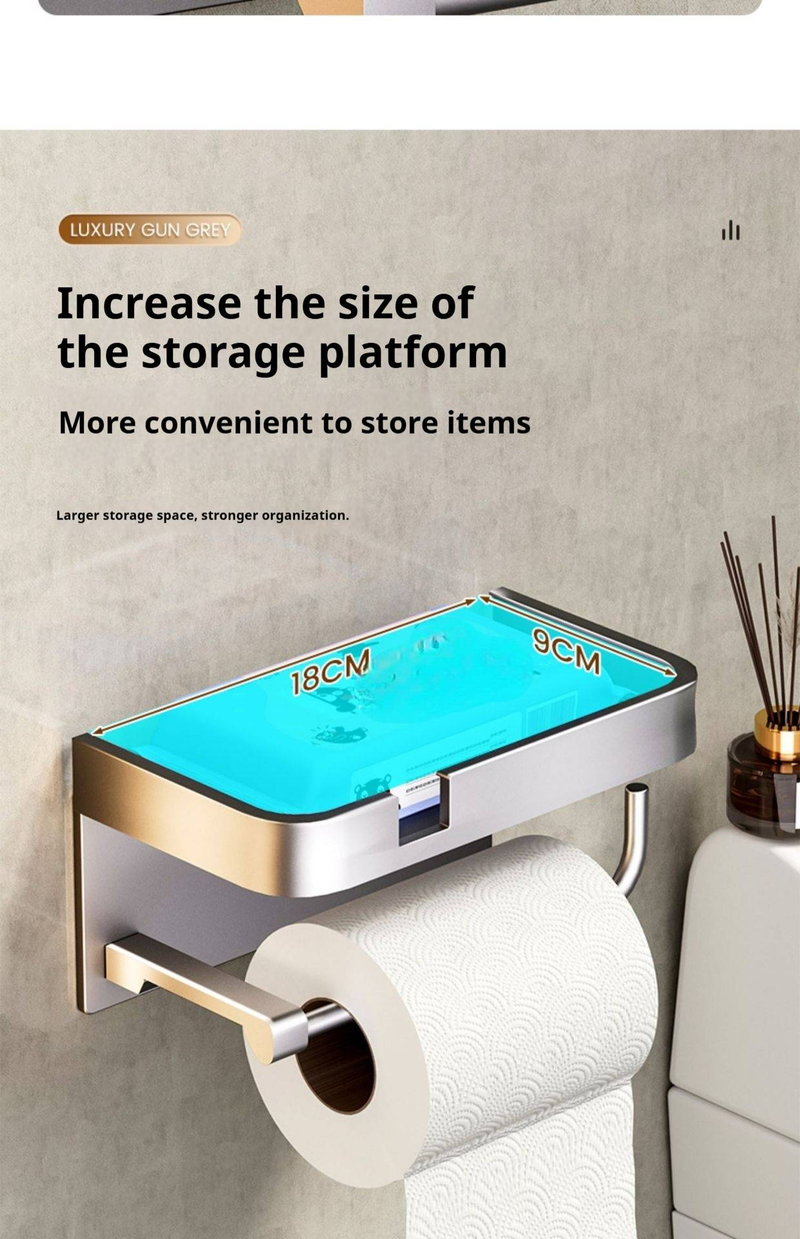 Portarrollos de papel higiénico de doble capa con soporte para teléfono, organizador de papel higiénico de pared, moderno dispensador de papel de aluminio_voghion.com