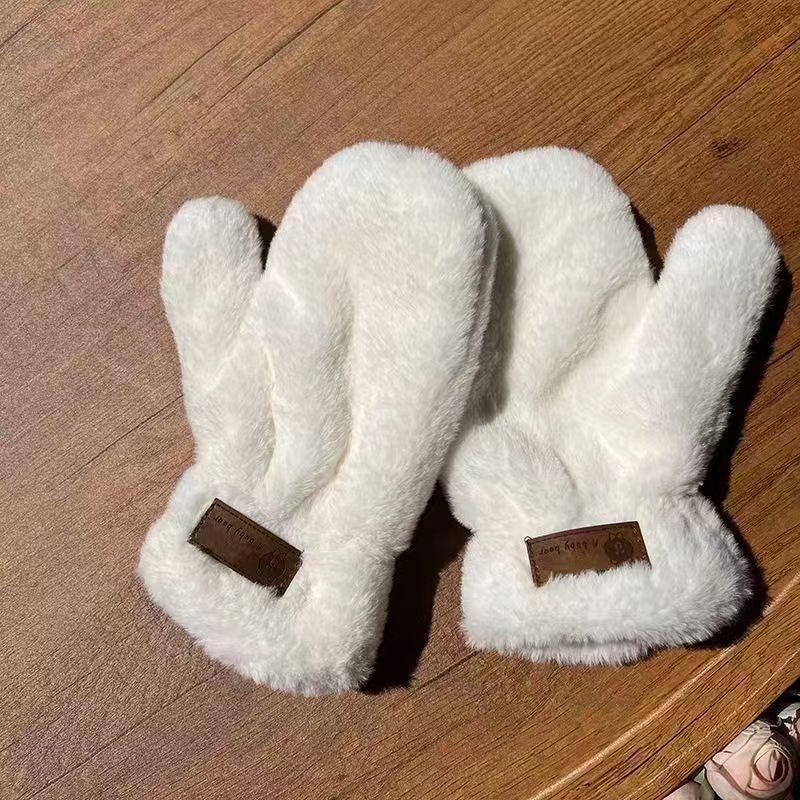 Guanti invernali in lana d'agnello con stampa a forma di orso e scaldacollo per ciclismo, foderati in pile, spessi, caldi, resistenti al freddo_voghion.com