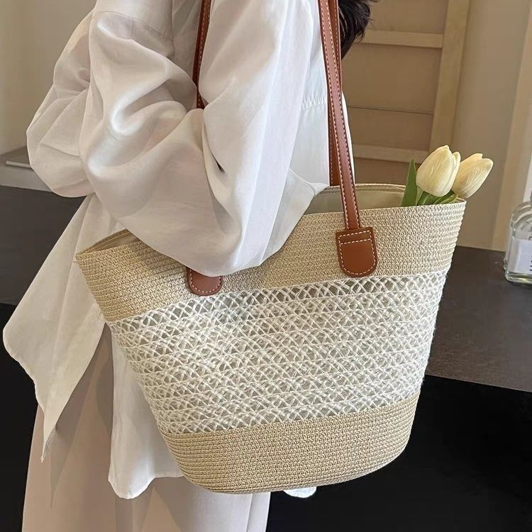 Cotton Rope Woven Bag Women's Large-capacity Bamboo Joint Portable Vegetable Basket Straw Woven Bag Fashionable Versatile Seaside Beach Vacation Bag_voghion.com