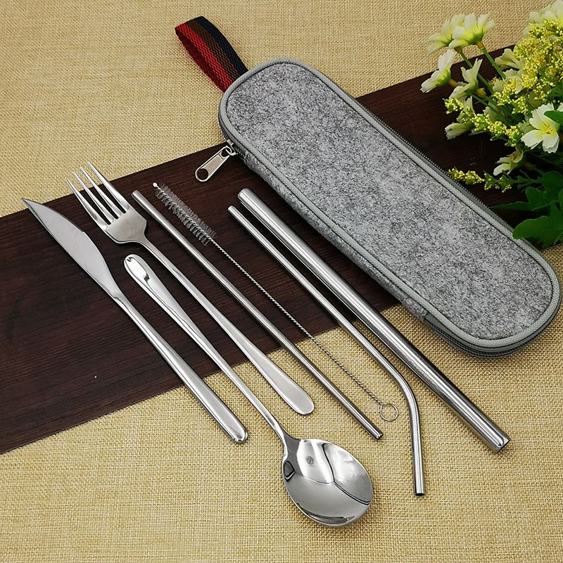 Stainless Steel Knife, Fork, Spoon, Chopsticks Set Outdoor Picnic Portable Tableware Spoon, Chopstick Straw Storage Bag_voghion.com