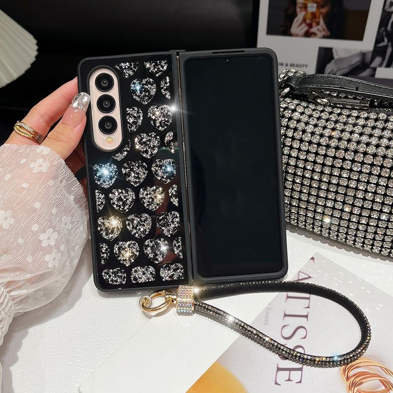 For Samsung Galaxy Z Fold 3 4 5 W22 W23 W24 Luxury Diamond Heart Strap Chain Phone Case Cover_voghion.com