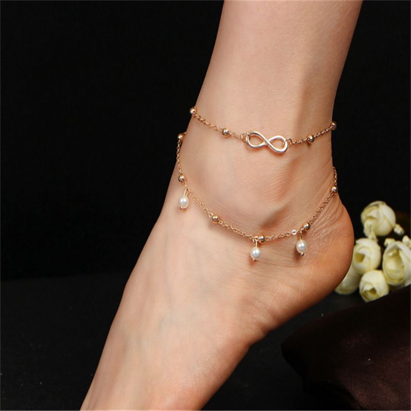 Cavigliera con perle a forma di 8, di gran moda, realizzata a mano, con bracciale a doppio strato di perline, gioiello unico_voghion.com