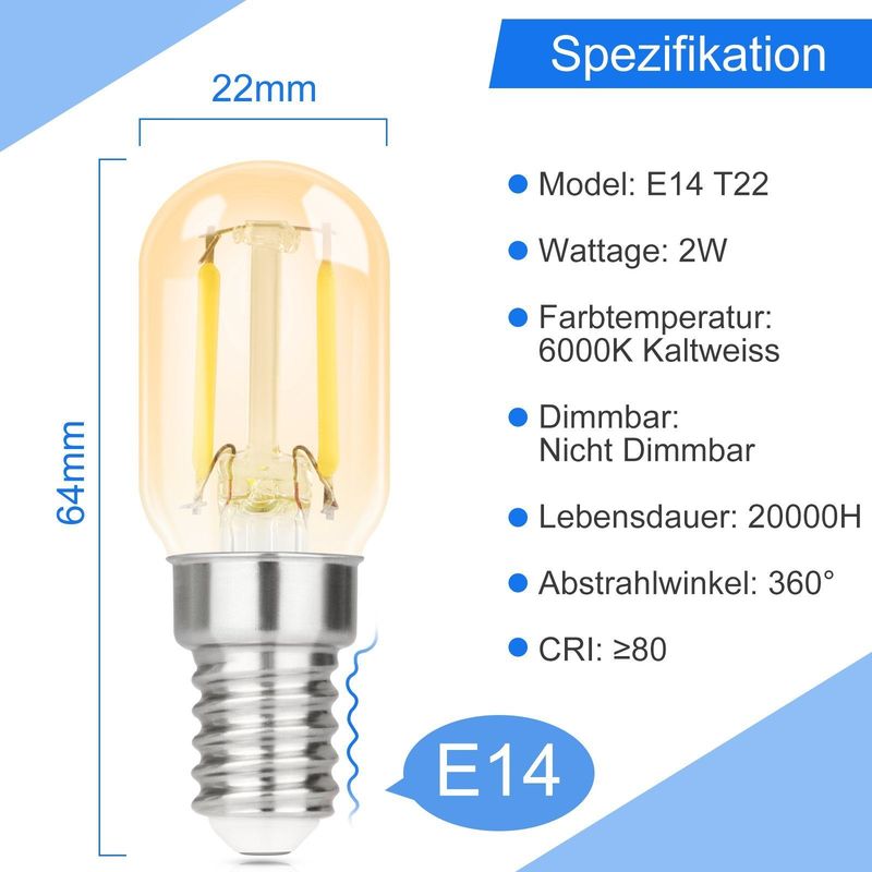 Glitzerlife 2er E14 LED Kaltweiß Glühbirne - T22 Vintage LED Lampen 2W Retro Edison Sockel Birne 6000K Kaltweiß Leuchtmittel Energiesparlampe Nicht dimmbar_voghion.com