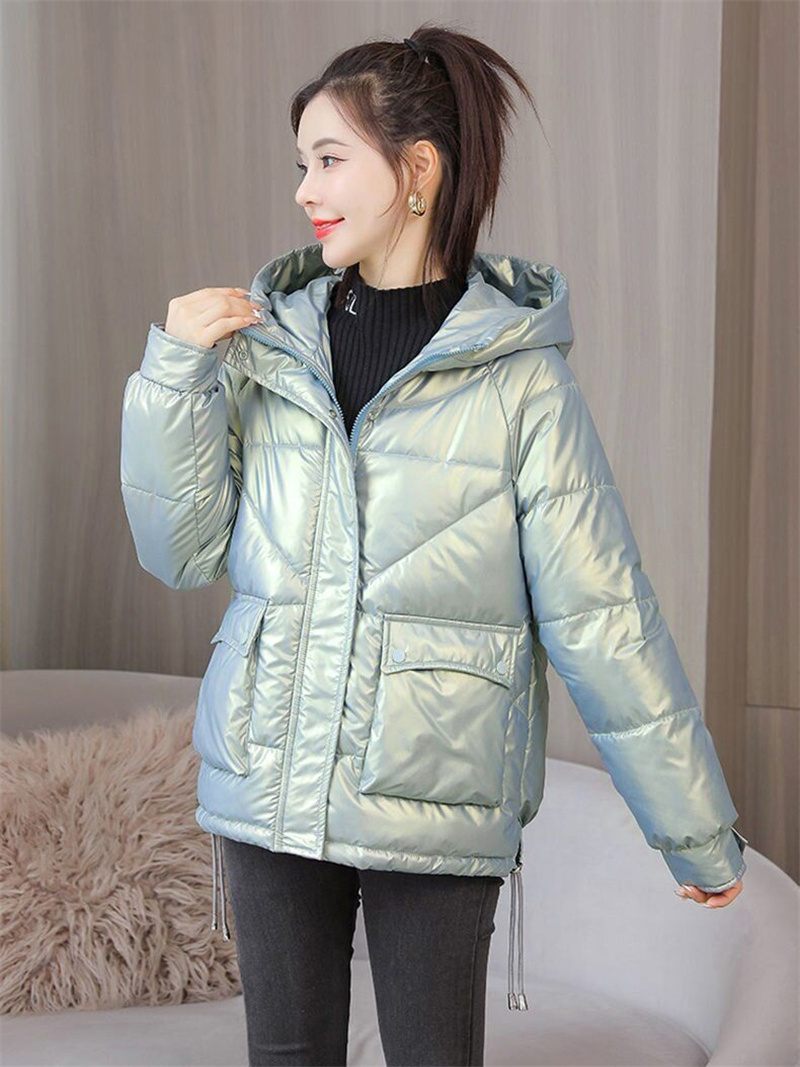 2023 nowych kobiet kurtka zimowa błyszcząca kurtka typu Parka luźny płaszcz podstawowy z kapturem bawełniane wyściełane kobiece parki kurtki studenckie_voghion.com