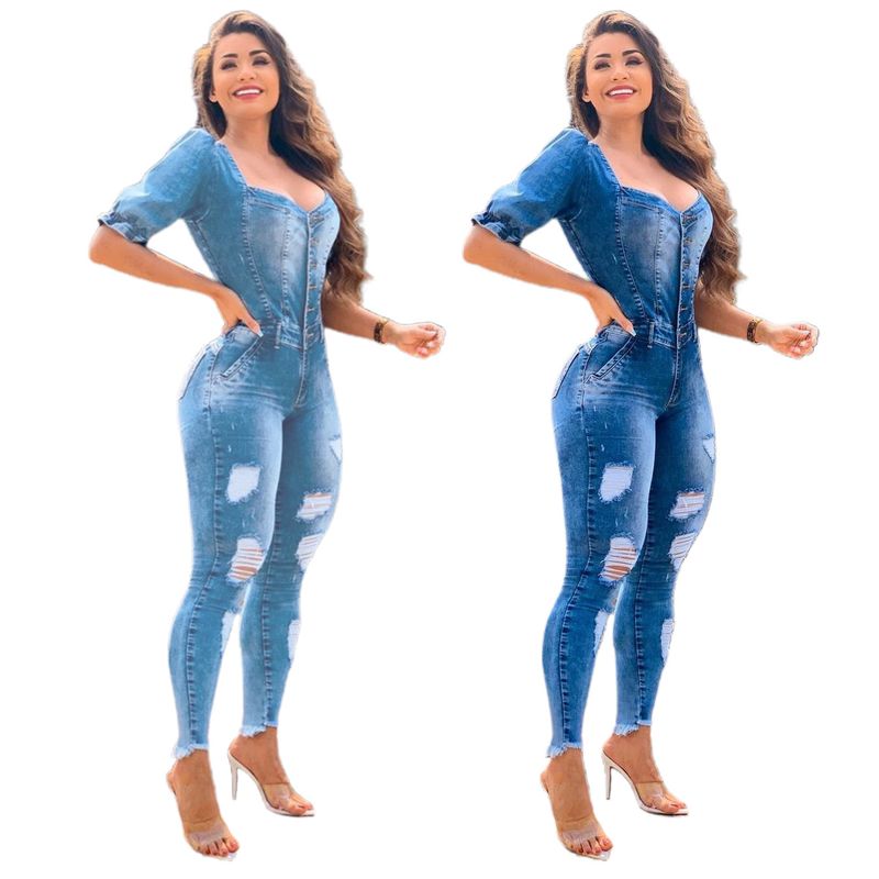 Sieviešu modes ikdienas seksīgs džinsa romperis ar baltu caurumu_voghion.com