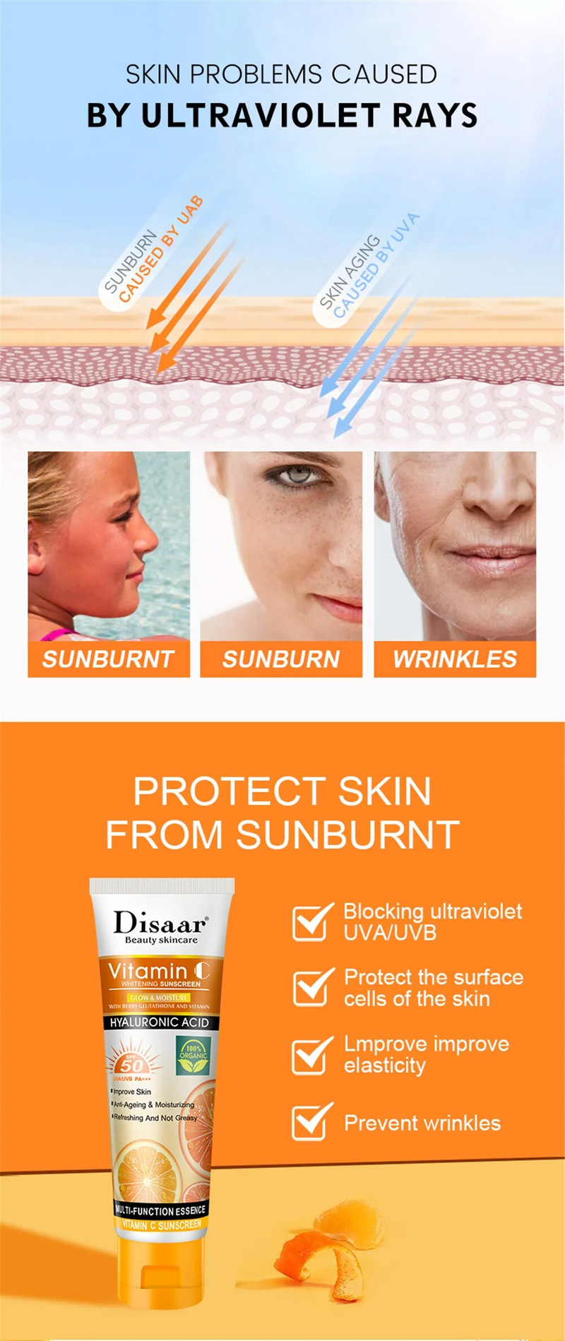 QLZHANFU Disaar VC SPF 50 Sonnenschutz, lang anhaltender UV-Schutz, aufhellender Sonnenblocker, Vitamin C, feuchtigkeitsspendende Hautschutzcreme, 50 g_voghion.com