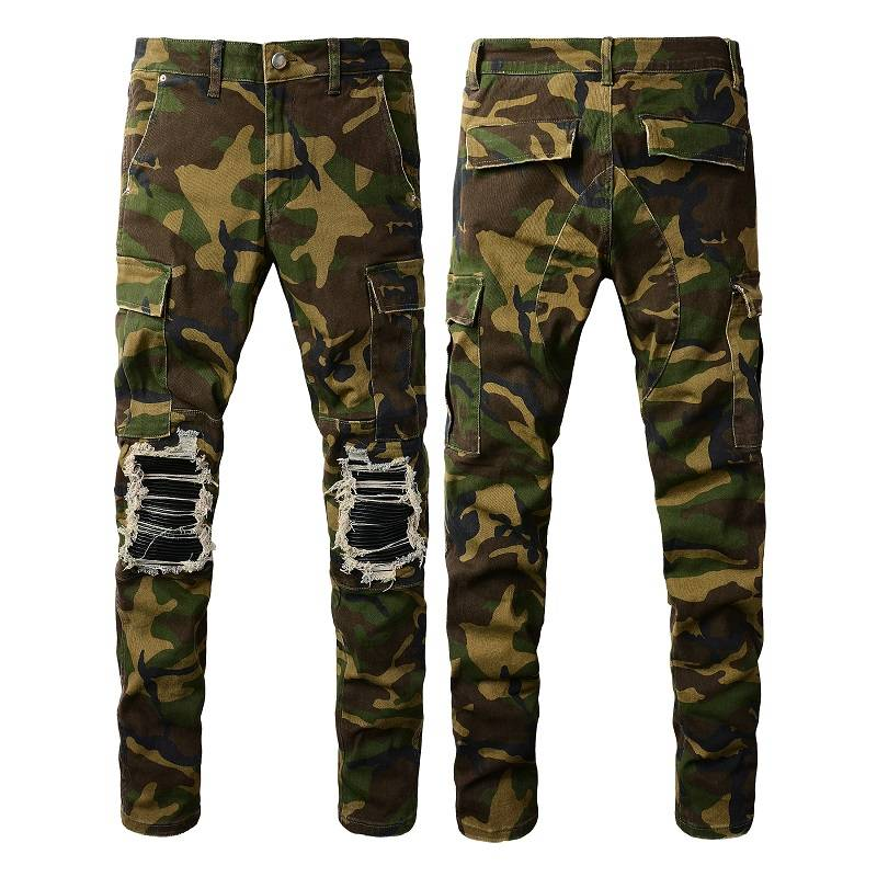 Armégrönt mode lapptäcke plus size jeans cargo Street style Skinny jogger lappad byxa denim nödställda män designers_voghion.com