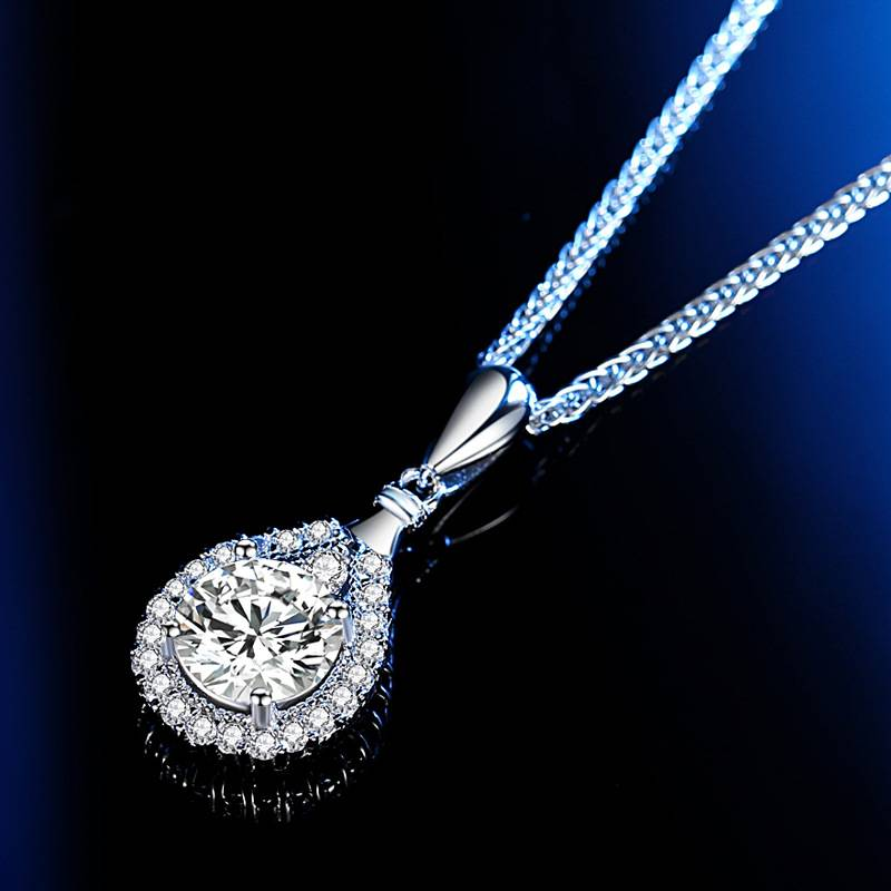 Damenschmuck Moissanit Platin Halskette Silber Wassertropfen Anhänger 1 Karat Mode Schlüsselbein Halskette_voghion.com