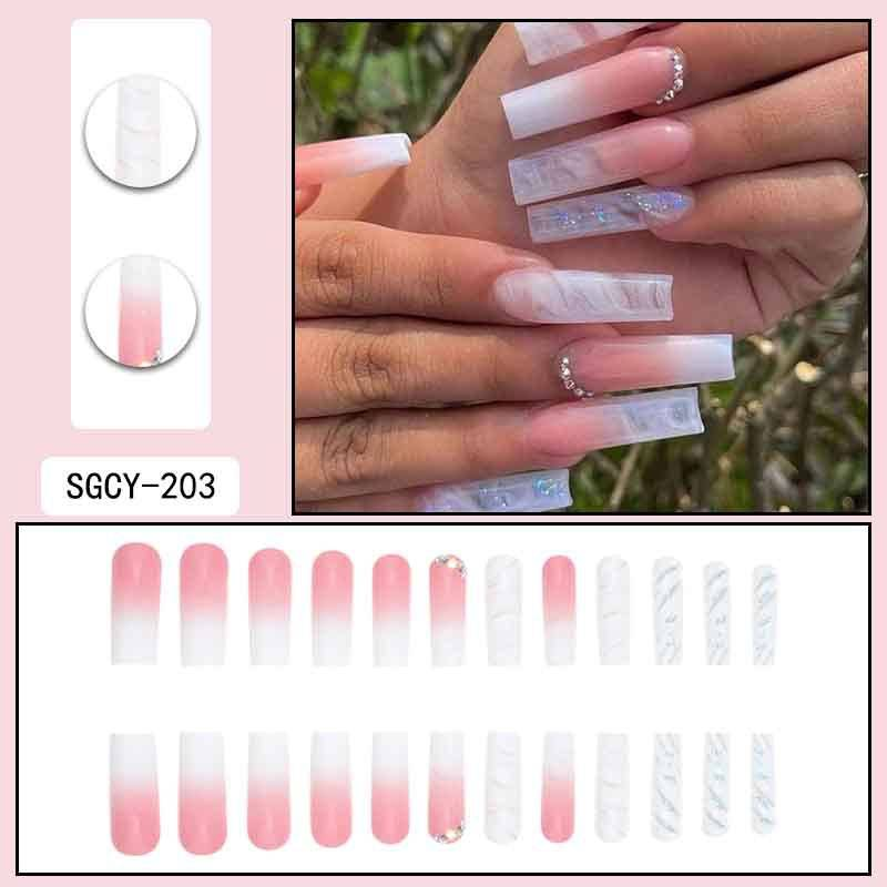 Eleganti unghie finte French Ombré con glitter trasparenti e design a diamante - Unghie finte riutilizzabili per donna (opzioni colla/adesivo)_voghion.com