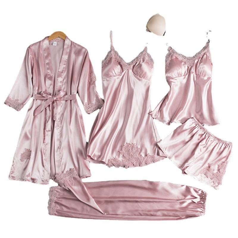 Women's Ice Silk Pajama Set – 5-Piece Sexy Sleepwear With Long Sleeve Top & Robe | Summer & Spring Loungewear For Plus Size_voghion.com