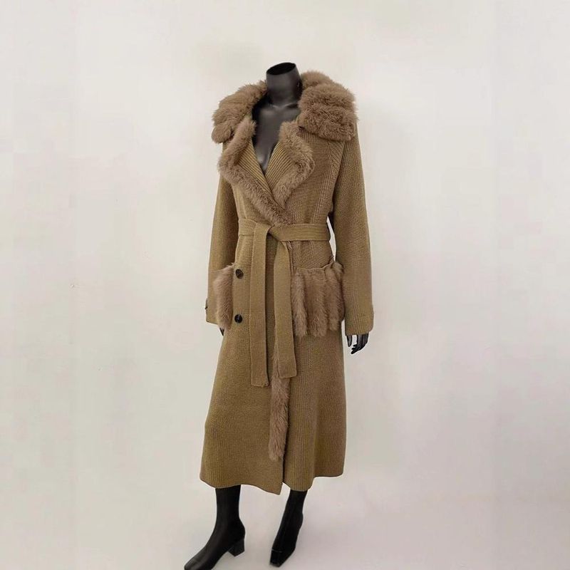 Women's Clothing Long Fox Fur Cardigan Coat - Oversized Knit Sweater Wrap With Cozy Shawl Collar For Fall & Winter (Gray/Black/White/Camel, One Size)_voghion.com