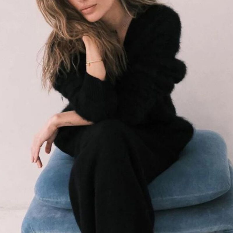 Women's Oversized V-Neck Faux Fur Knit Cardigan Long Sleeve Casual Open Front Sweater Coat For Fall & Winter_voghion.com