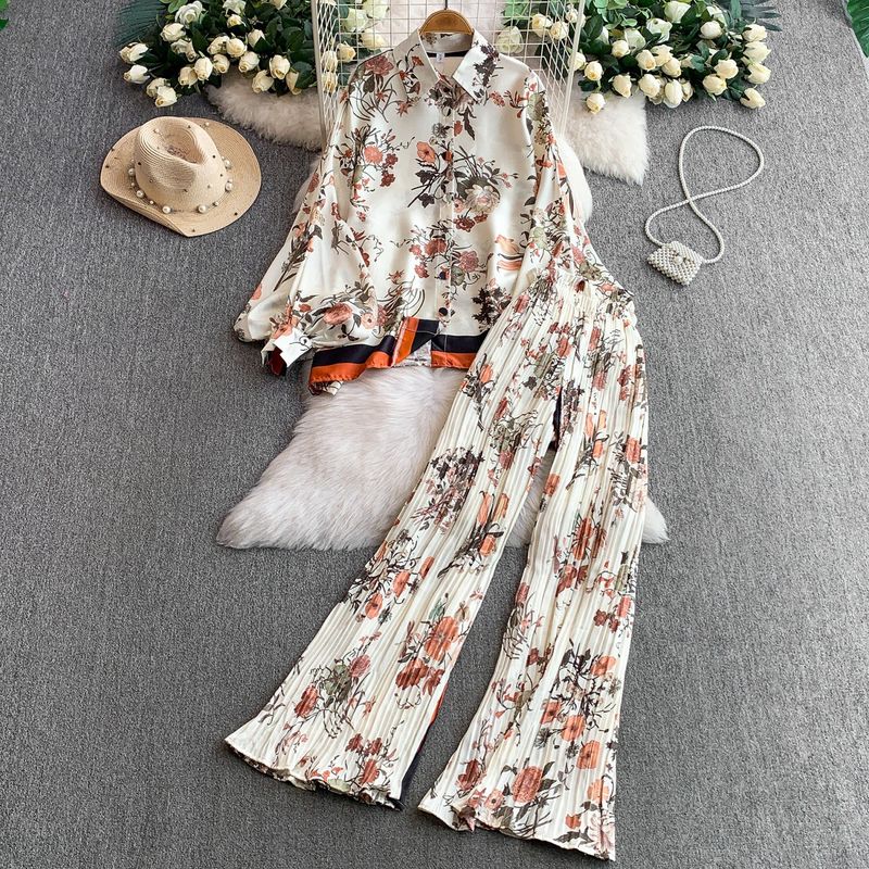 Set aus französischer Vintage-Batikbluse mit Sonnenschutz und hoch taillierter Schlaghose – Laternenärmel, Rüschensaum (Einheitsgröße, 18 Farboptionen)_voghion.com
