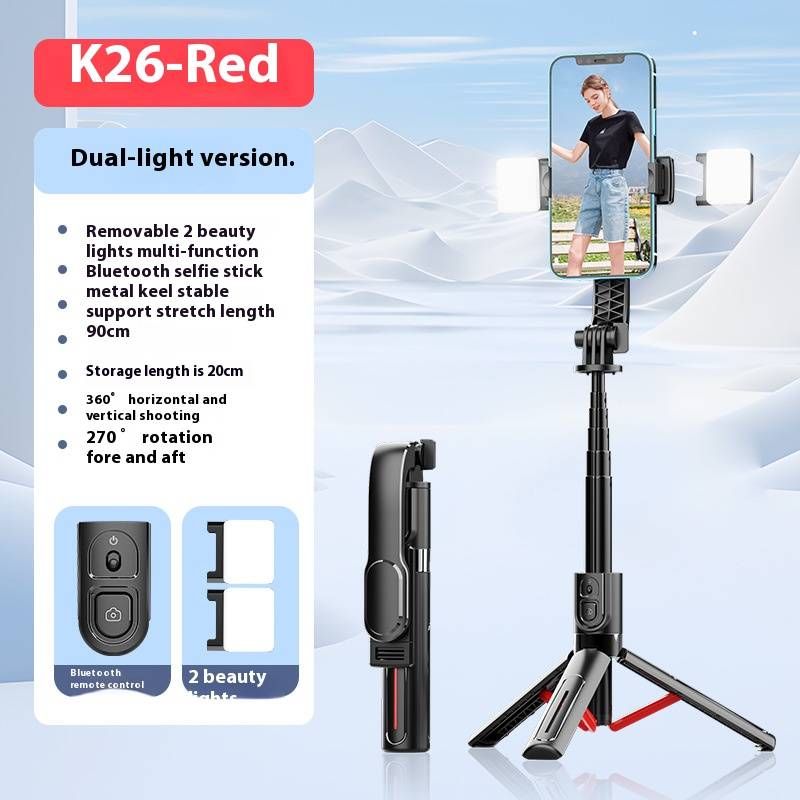 Bastão de selfie K26 Bluetooth com controle remoto, tripé extensível de 90 cm para fotografia com celular e transmissão ao vivo, compatibilidade universal para smartphones_voghion.com