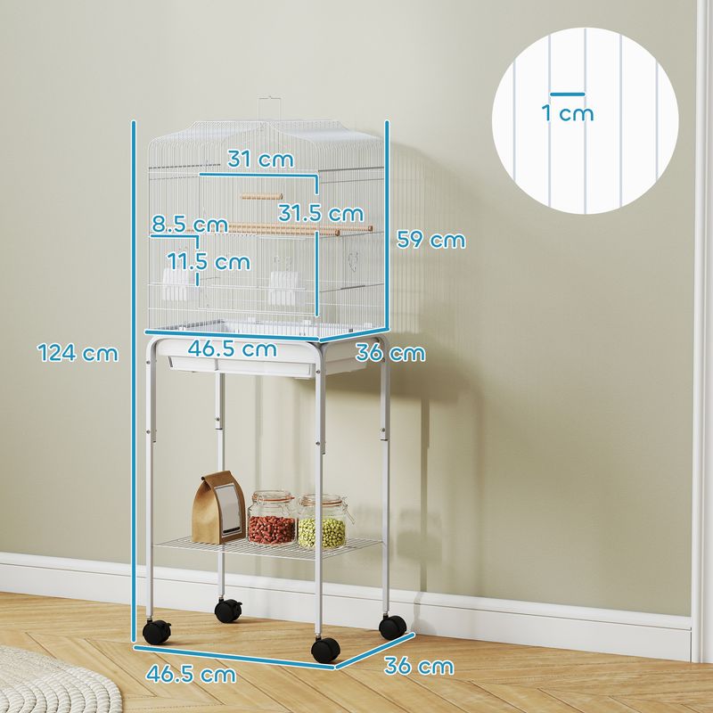 124cm White Large Bird Cage With Wheels & Storage, Includes Perches, Swing & Food Trays For Small Birds, Detachable_voghion.com
