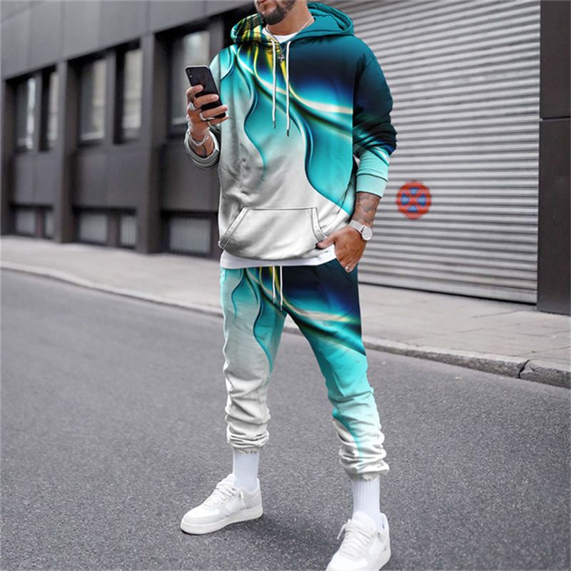 Cross border 2024 foreign trade new men's 3D flame upper and lower color matching print sports sweatshirt suit fitness Europe and America_voghion.com