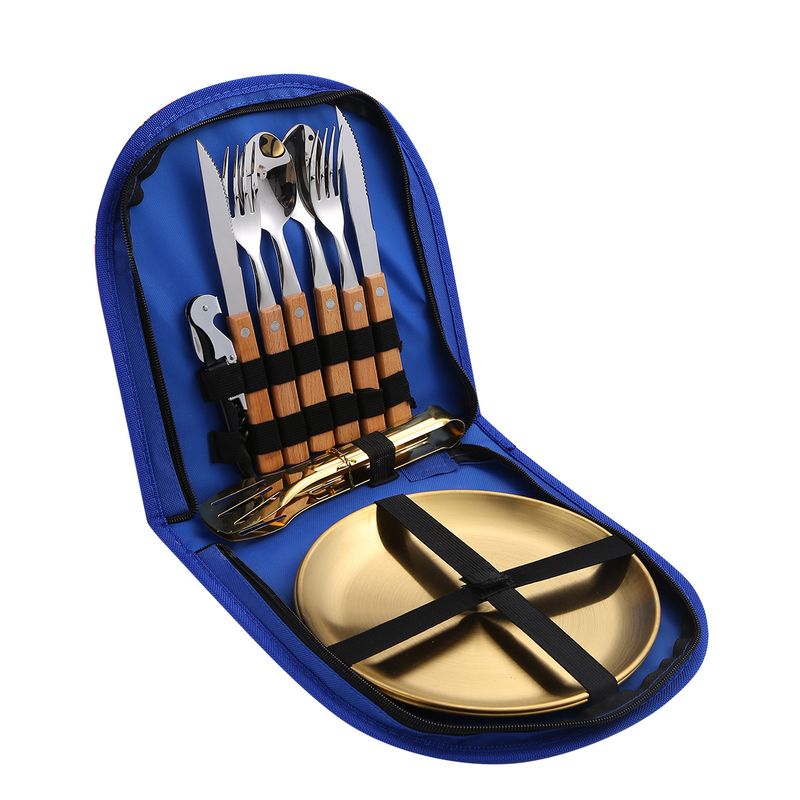 Edelstahl-Besteckset für den Außenbereich, tragbar, Western-Messer, Gabel und Löffel, Bestecktasche mit Holzgriff_voghion.com