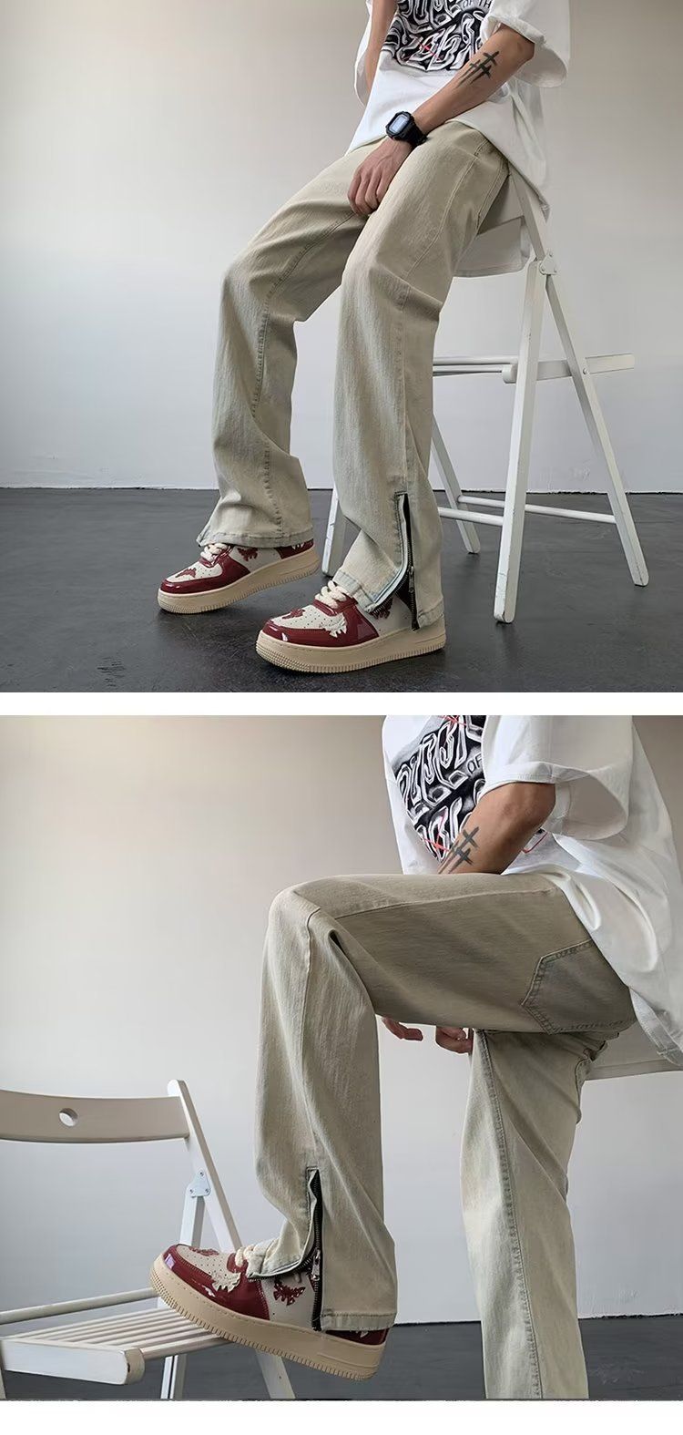 Jeans micro flared de lama amarela para lavagem de verão masculina, marca americana da moda de rua reta com perna reta_voghion.com