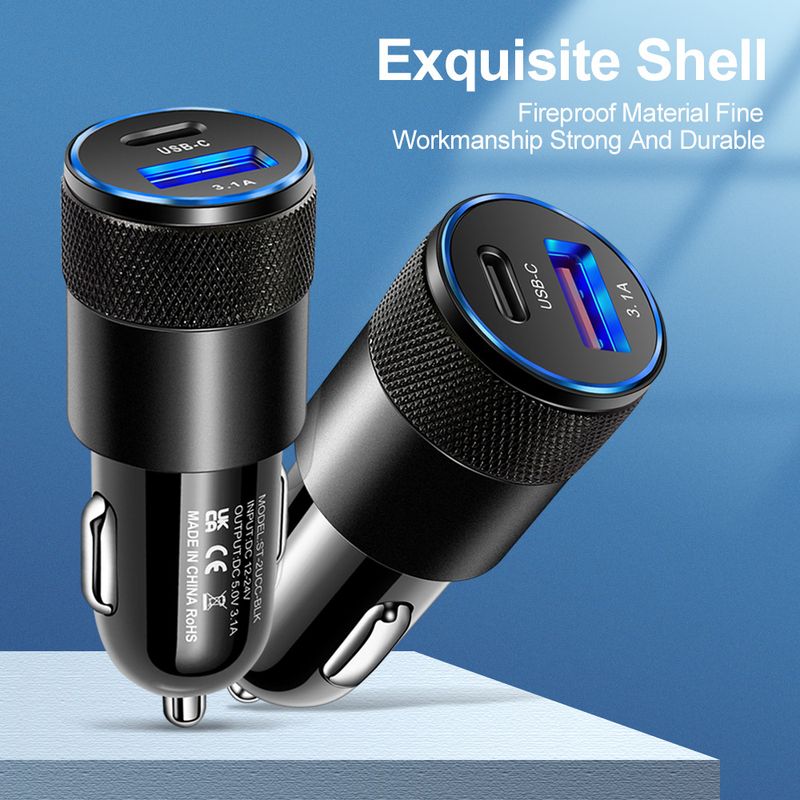 3.1A USD+PD Kleng Stolkanoun Metall Aluminiumlegierung Opluedstatioun USB-C+USB Autoladegerät_voghion.com