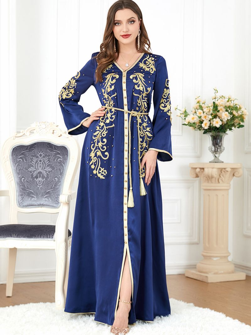Elegantes besticktes Maxikleid mit langen Ärmeln für Damen – islamische und arabische Mode, Boho-Tribal-Stil, perfekt für dezente Kleidung (Marineblau)_voghion.com