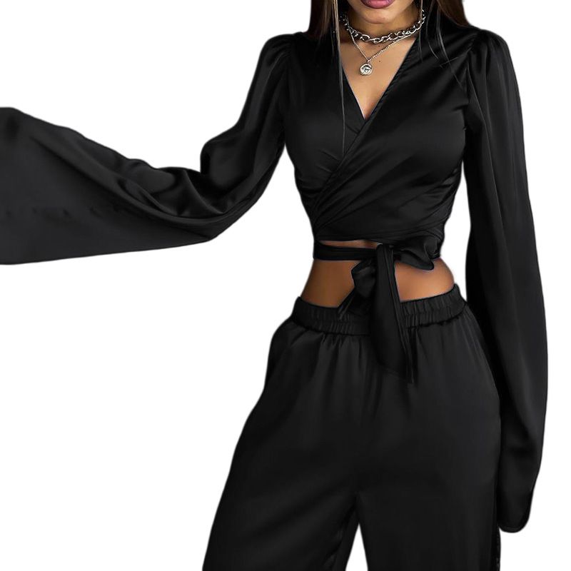 Autumn solid color long-sleeved tops straight trousers casual suit two-piece set_voghion.com