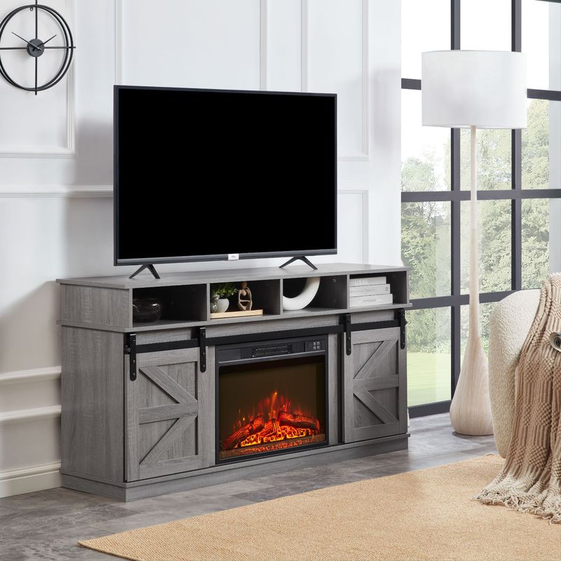 Modern Farmhouse TV Media Stand, Large Barn Inspired Home Entertainment Console, With 23" Fireplace Insert, For TV Up To 65'', With Open Shelves And Closed Cabinets, Grey_voghion.com