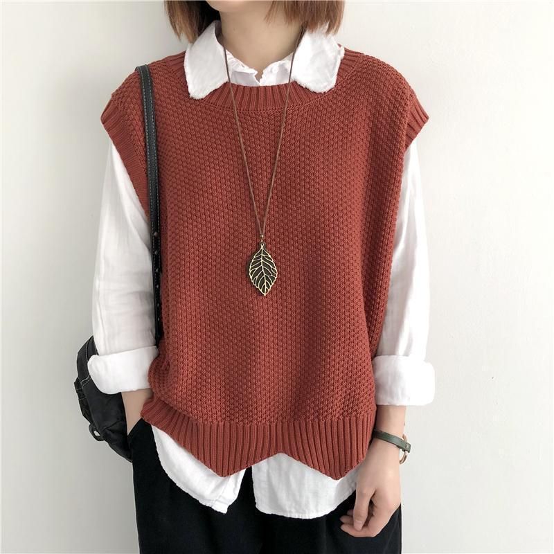 K Women's Knitted Vest; Pure Color, Loose, Round Neck, Irregular Pullover Short Cardigan._voghion.com