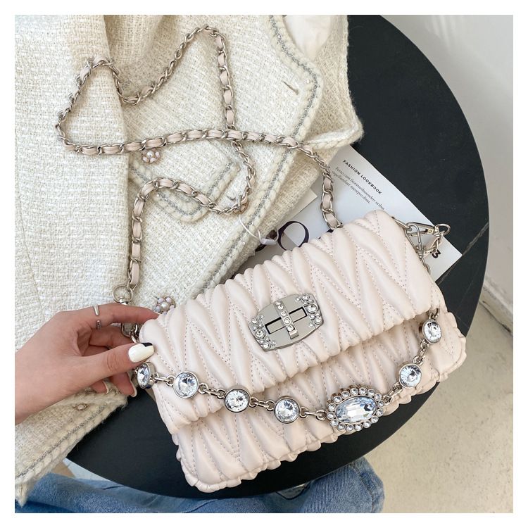 Fashionable and versatile niche chain bag one shoulder pleated diamond small fragrance style net celebrity ladies small bag ins shoulder bag_voghion.com