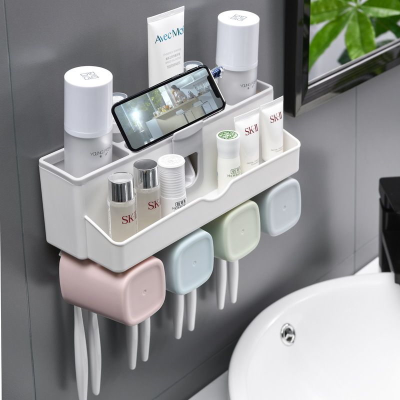 Wall Hanging Non-punching Wash Toothbrush Rack Set Toothpaste Squeezer Mouthwash Cup_voghion.com