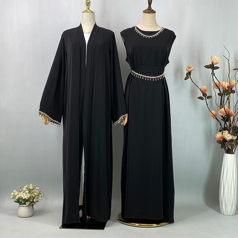 Ramazan Nida Müslüman Seti Çıkarılabilir Zincir Abaya Fas Düğün Kaftan Afrika Siyah Elbise Dubai Uzun Kadın Abiye Kaftan_voghion.com