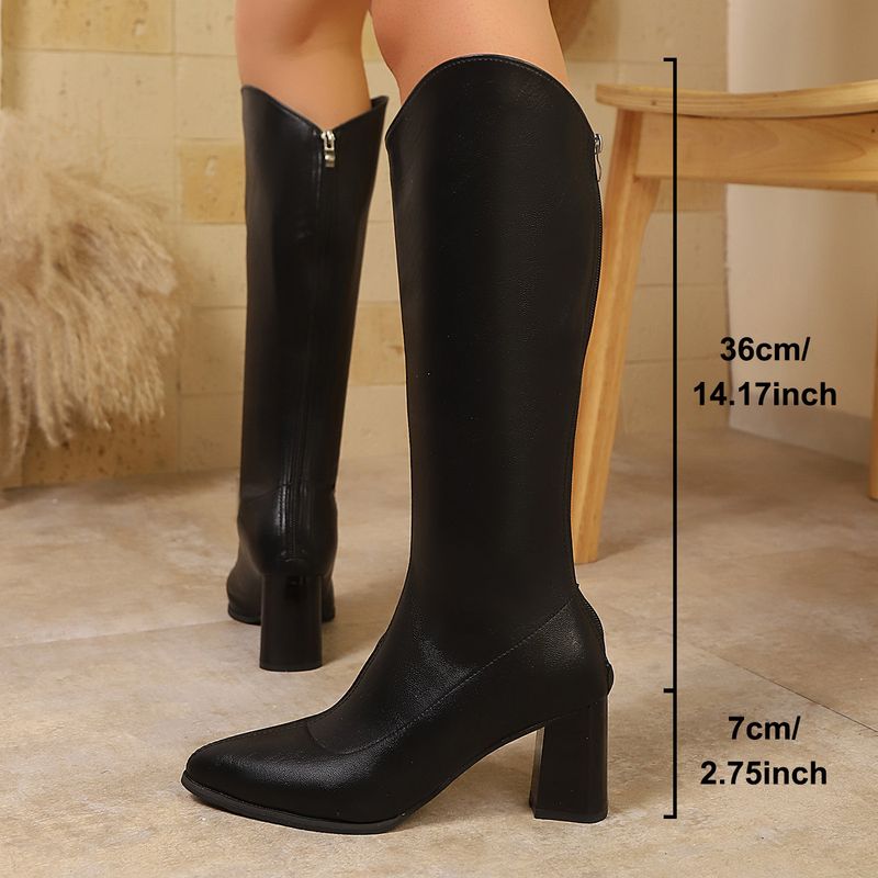 Kniehohe Damenstiefel mit klobigem Absatz – Retro-Reitstiefel mit spitzer Zehenpartie für kleine und große Größen – Hohe Stiefel mit schmaler Passform für Herbst und Winter_voghion.com