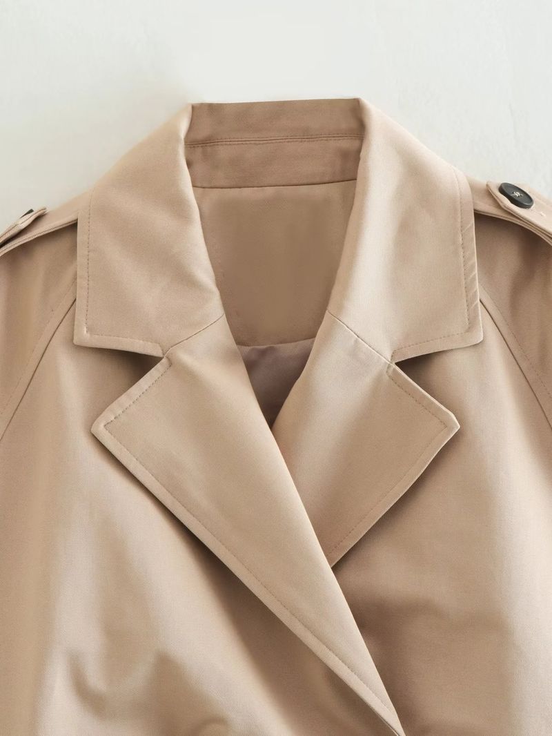 Trench corto a maniche lunghe in stile britannico con scollo a V a due bottoni in pizzo antivento, versatile alla moda_voghion.com