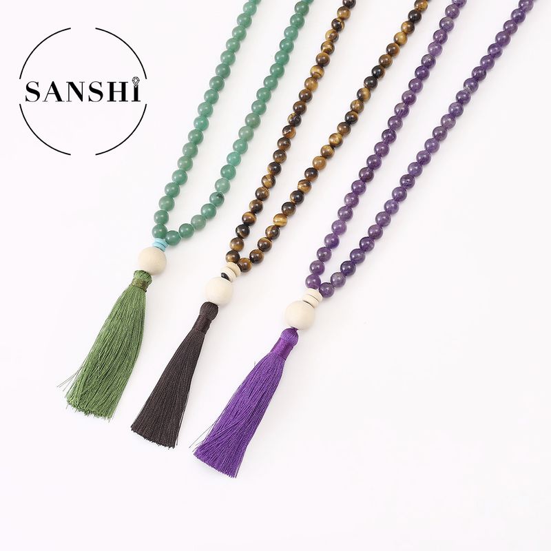 Damenschmuck 108 natürliche Edelsteine Runde Perlen Quaste Halskette 8mm Mode Pullover Kette_voghion.com