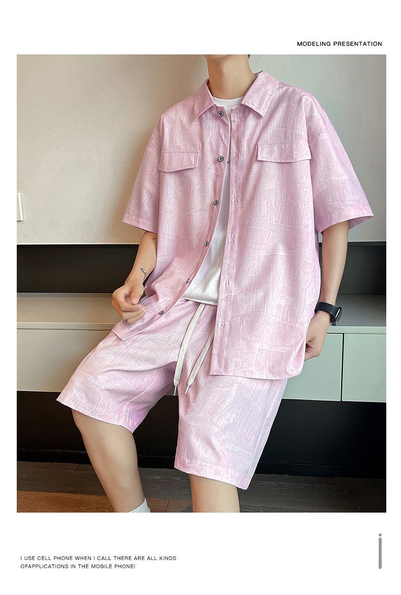 Herrenbekleidung Zweiteiliger Sommer Kurzarm-Shorts Zweiteiliges Hemd Neuer lockerer atmungsaktiver Retro-Anzug_voghion.com