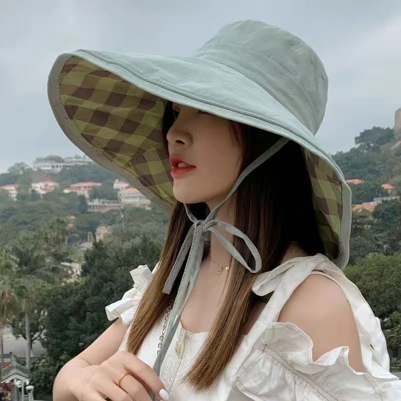 Fashion Double-sided Foldable Bucket Hats for Women Summer Sun Hat Solid Plaid Wide Brim Panama Beach Fisherman Cap_voghion.com