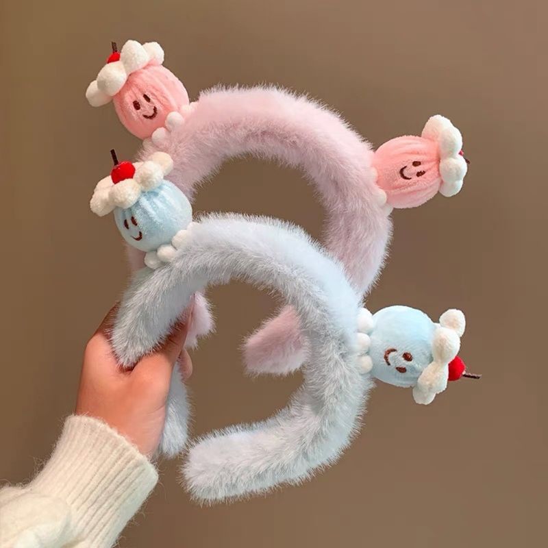 Torta di crema di ciliegie carina in peluche per donne cartone animato corona alta lavaggio viso trucco fermaglio accessorio per capelli fascia autunno inverno_voghion.com